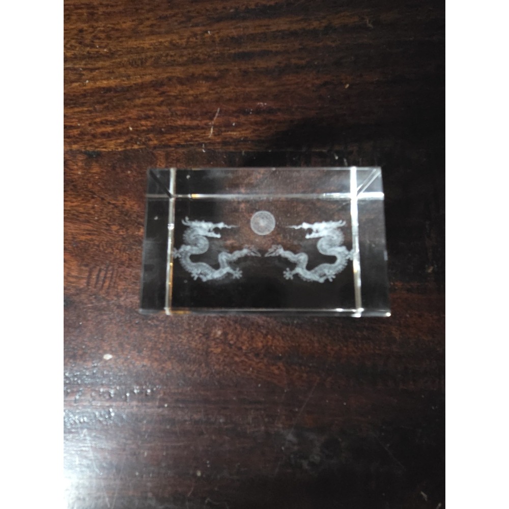 3D Laser Etched Glass Crystal Block Twin Dragons & Pearl Feng Shui Paperweight